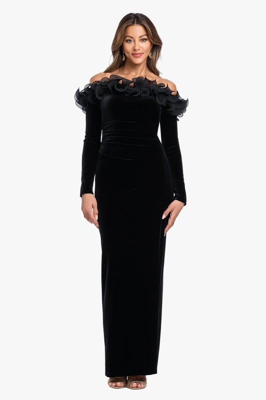 "Brennan" Velvet Long Sleeve Off Shoulder Ruffle Dress Black XSCAPE