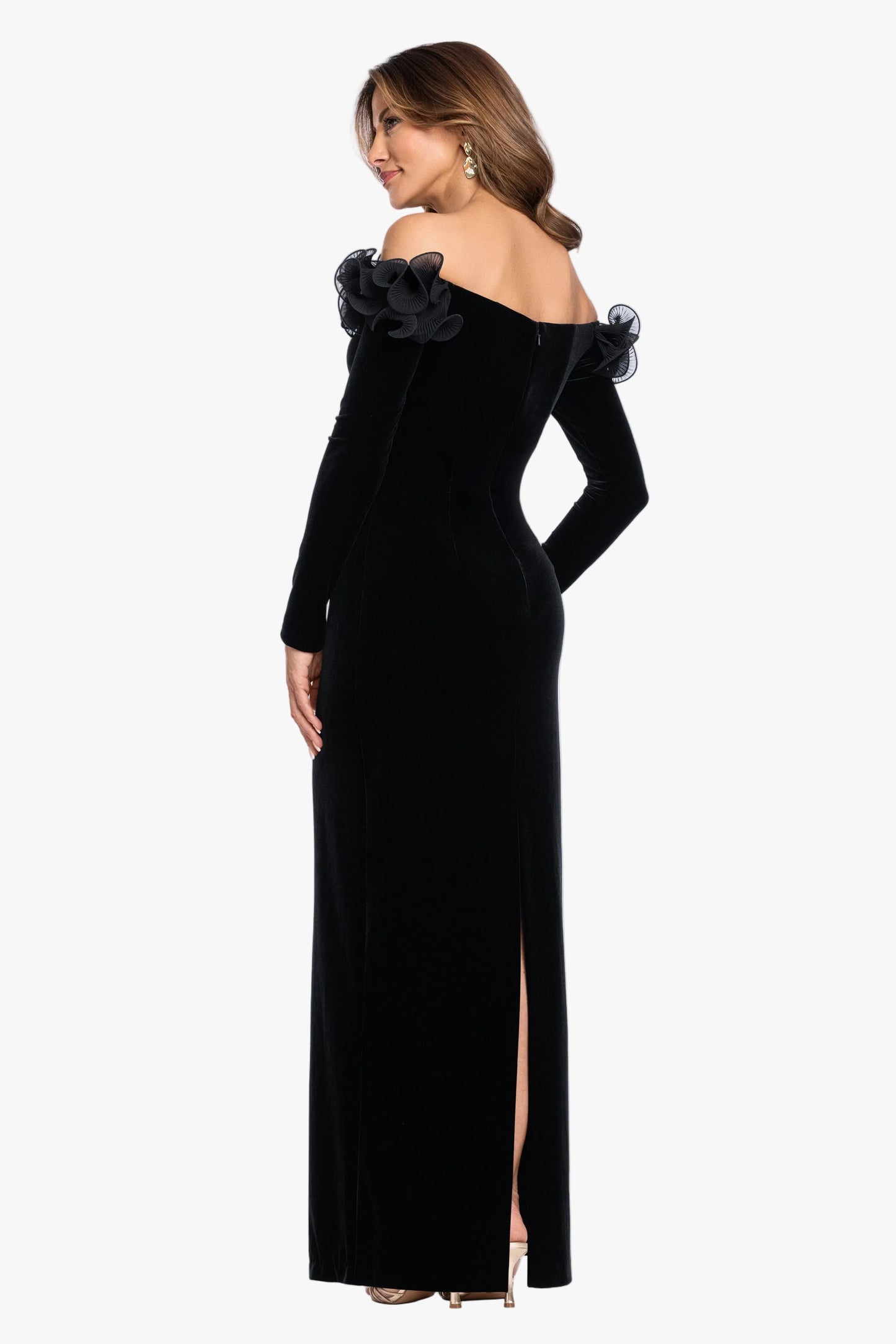 "Brennan" Velvet Long Sleeve Off Shoulder Ruffle Dress Black XSCAPE