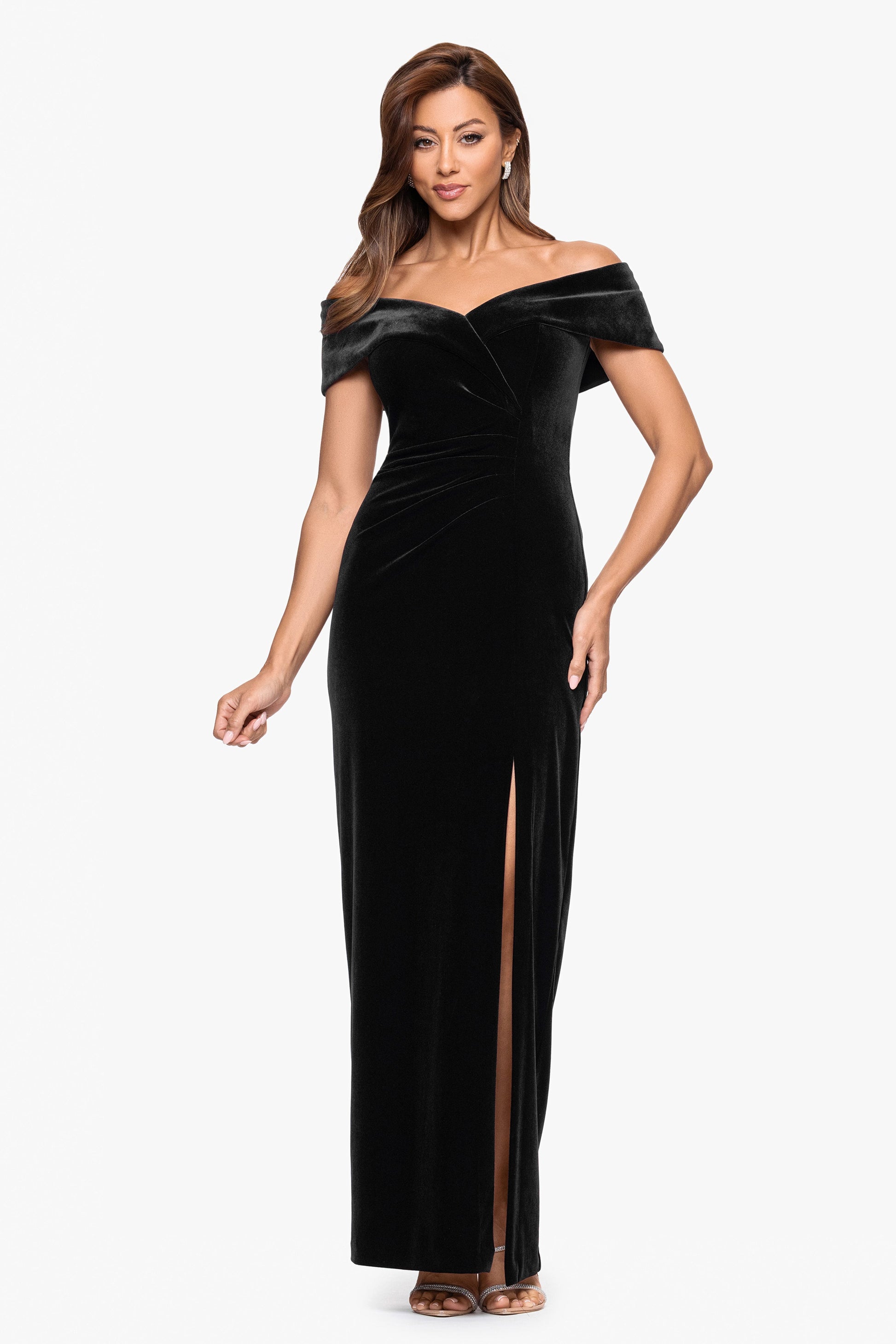"Charmaine" Velvet Off The Shoulder Gown Black XSCAPE