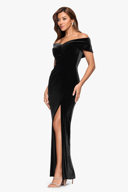 "Charmaine" Velvet Off The Shoulder Gown Black XSCAPE