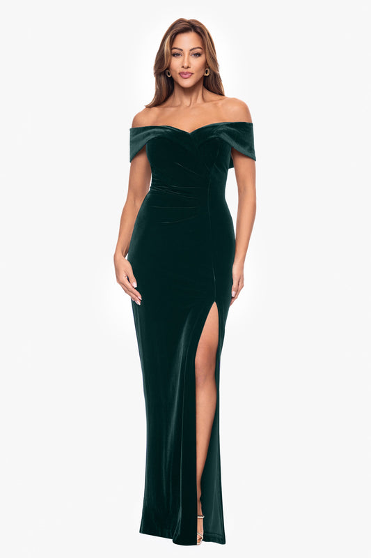 "Charmaine" Velvet Off The Shoulder Gown Hunter XSCAPE
