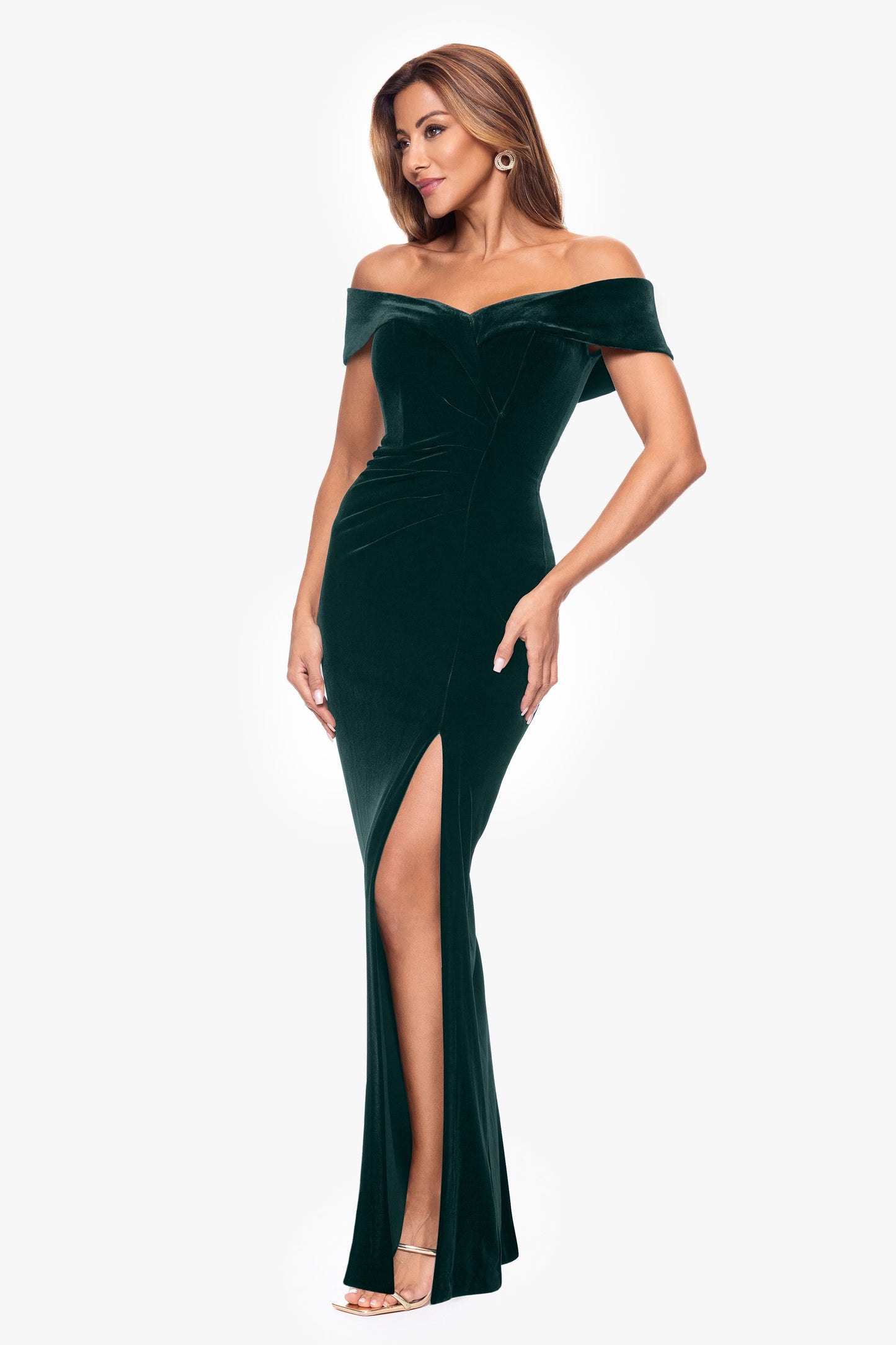 "Charmaine" Velvet Off The Shoulder Gown Hunter XSCAPE