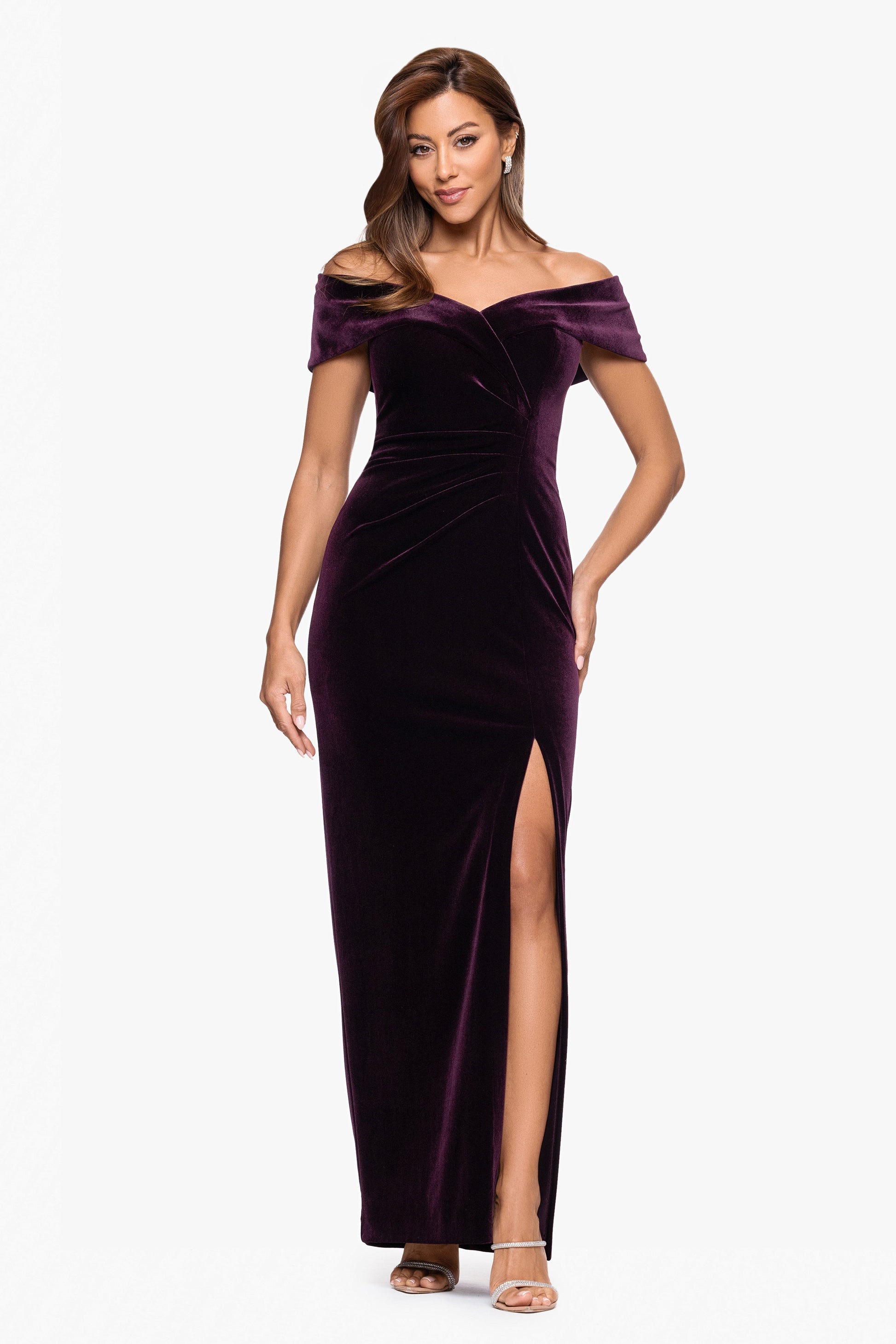 "Charmaine" Velvet Off The Shoulder Gown Maroon XSCAPE