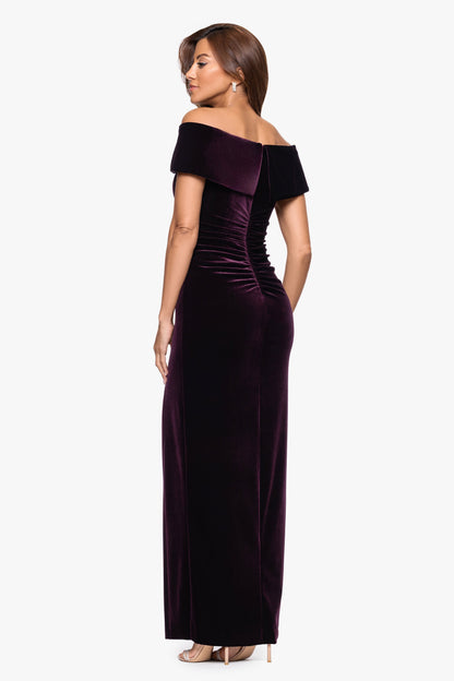 "Charmaine" Velvet Off The Shoulder Gown Maroon XSCAPE