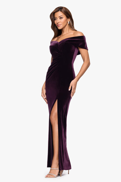 "Charmaine" Velvet Off The Shoulder Gown Maroon XSCAPE