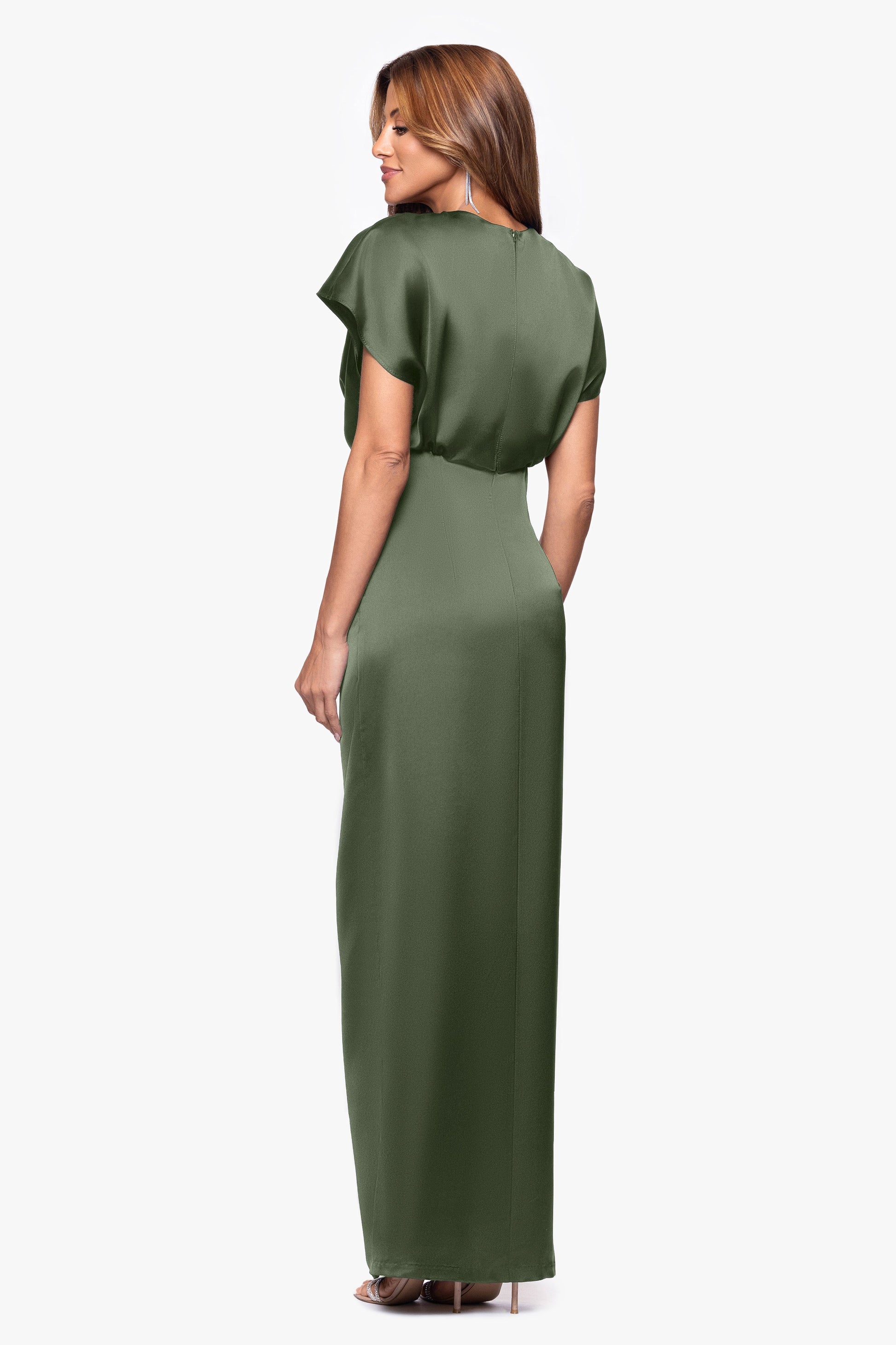 "Evelyn" Satin Short Sleeve V-Neck Tie Dress Olive XSCAPE