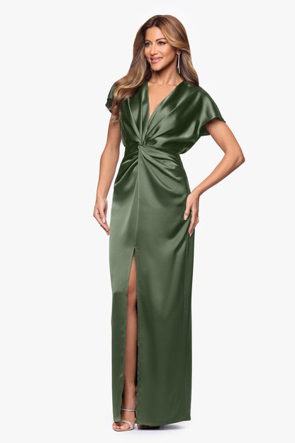 "Evelyn" Satin Short Sleeve V-Neck Tie Dress Olive XSCAPE