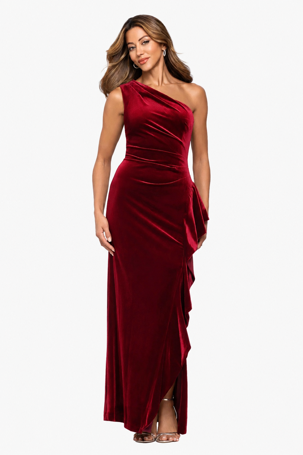 "Gemma" Stretch Velvet One Shoulder Ruffle Dress Garnet XSCAPE