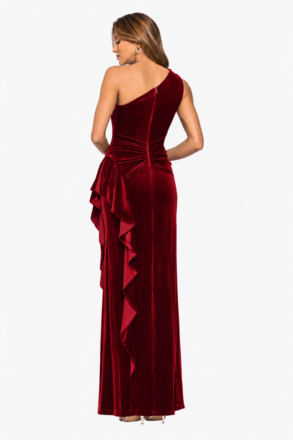 "Gemma" Stretch Velvet One Shoulder Ruffle Dress Garnet XSCAPE
