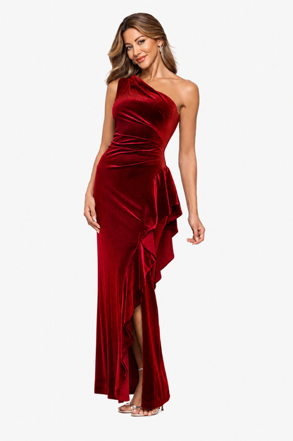 "Gemma" Stretch Velvet One Shoulder Ruffle Dress Garnet XSCAPE