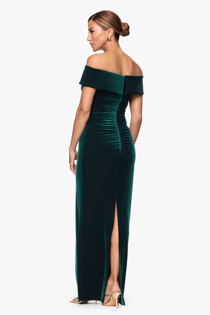 "Lori" Velvet Off The Shoulder Ruched Dress Hunter XSCAPE