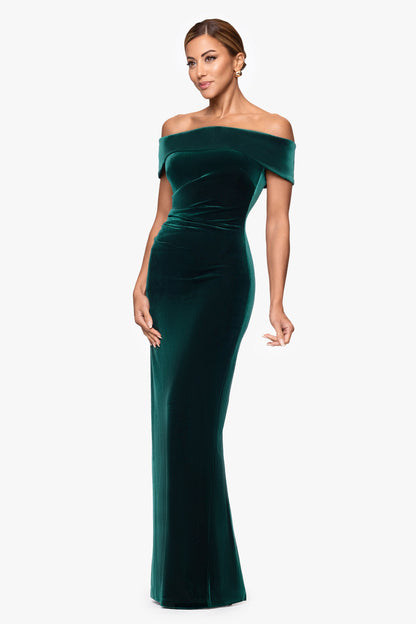"Lori" Velvet Off The Shoulder Ruched Dress Hunter XSCAPE