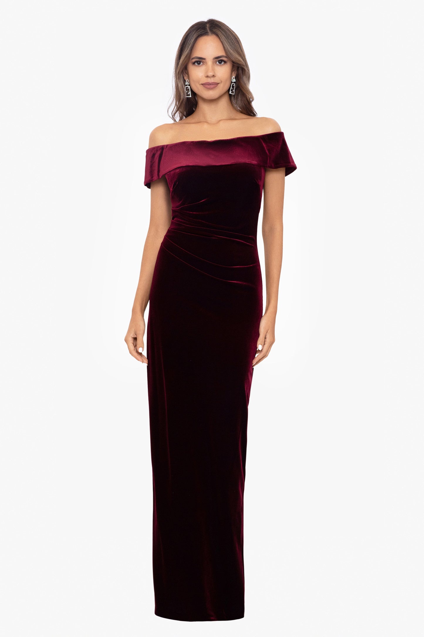 "Lori" Velvet Off The Shoulder Ruched Dress Burgundy XSCAPE
