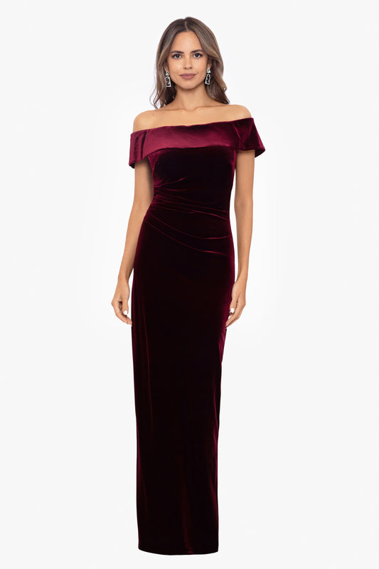 "Lori" Velvet Off The Shoulder Ruched Dress Burgundy XSCAPE