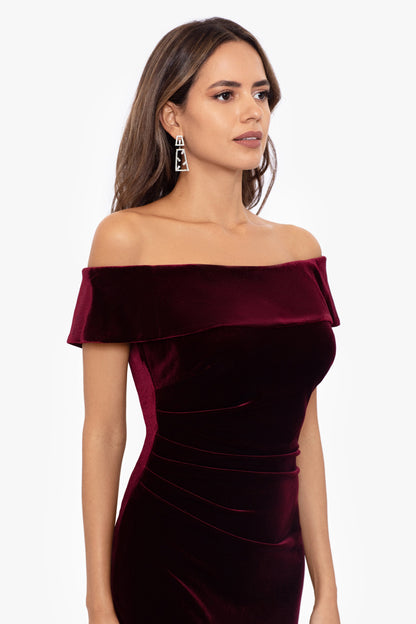 "Lori" Velvet Off The Shoulder Ruched Dress Burgundy XSCAPE