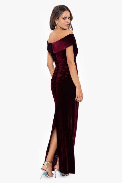 "Lori" Velvet Off The Shoulder Ruched Dress Burgundy XSCAPE