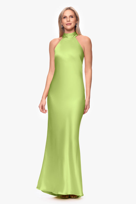 "Ruth" Satin High Tie Neck Backless Dress Lime Green XSCAPE