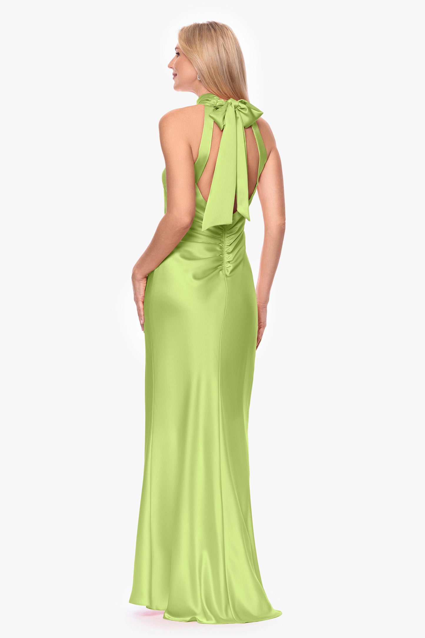 "Ruth" Satin High Tie Neck Backless Dress Lime Green XSCAPE