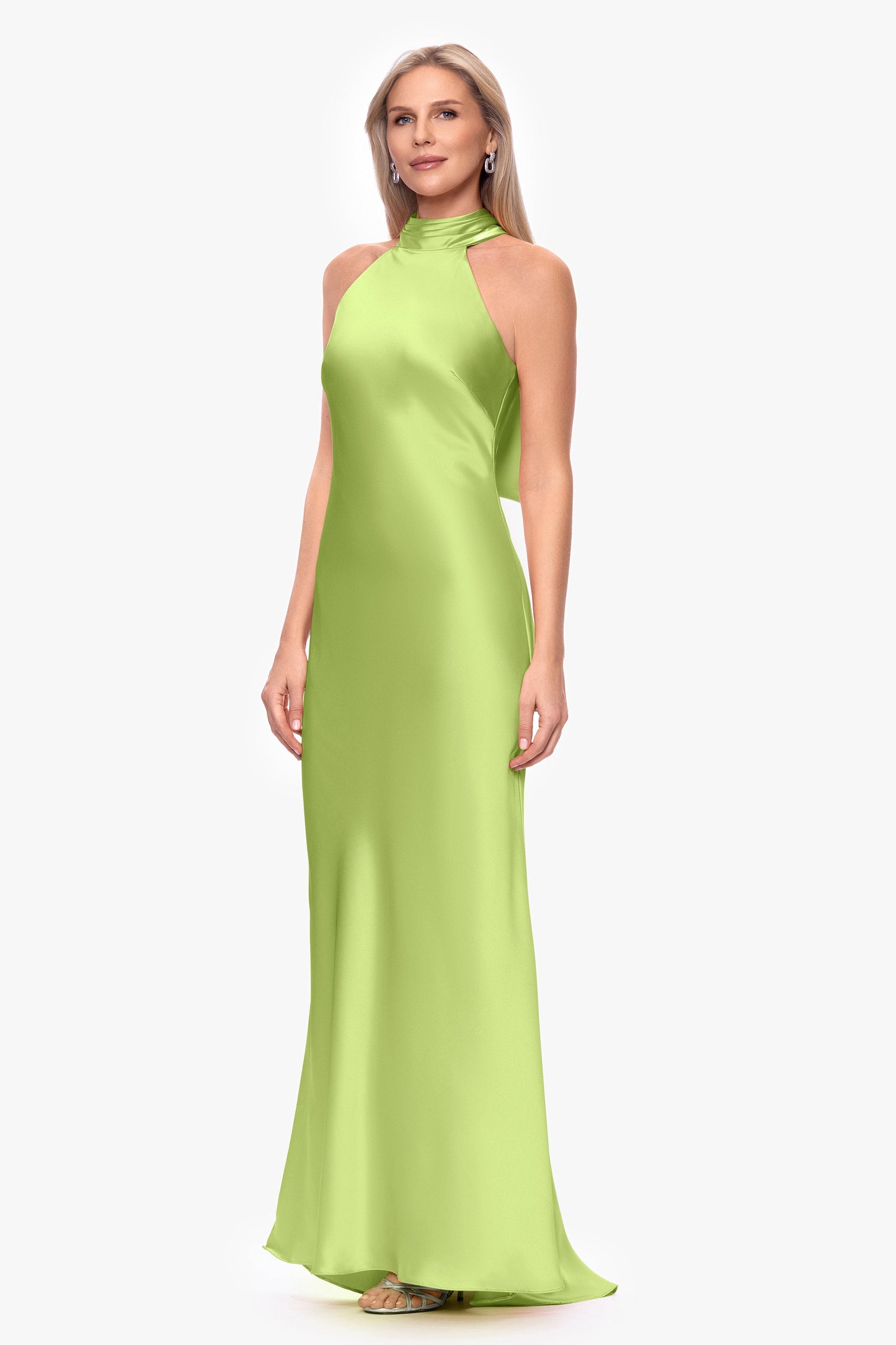 "Ruth" Satin High Tie Neck Backless Dress Lime Green XSCAPE