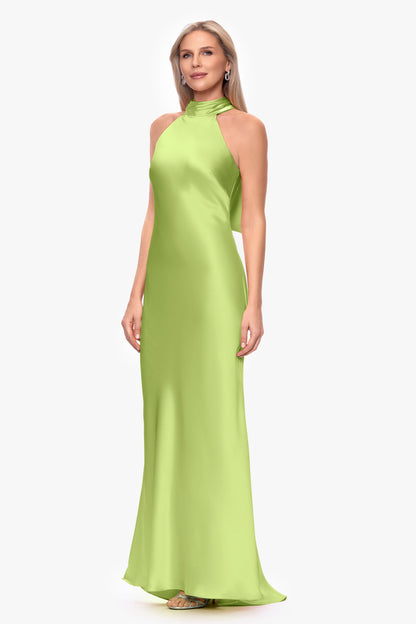 "Ruth" Satin High Tie Neck Backless Dress Lime Green XSCAPE