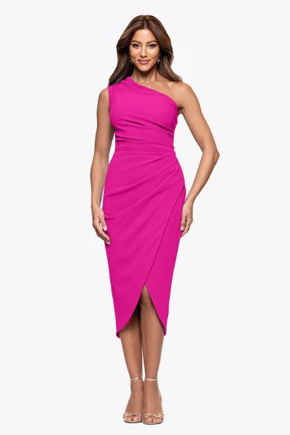 "Dakota" Scuba Crepe One Shoulder Ruched Short Dress Fuchsia XSCAPE