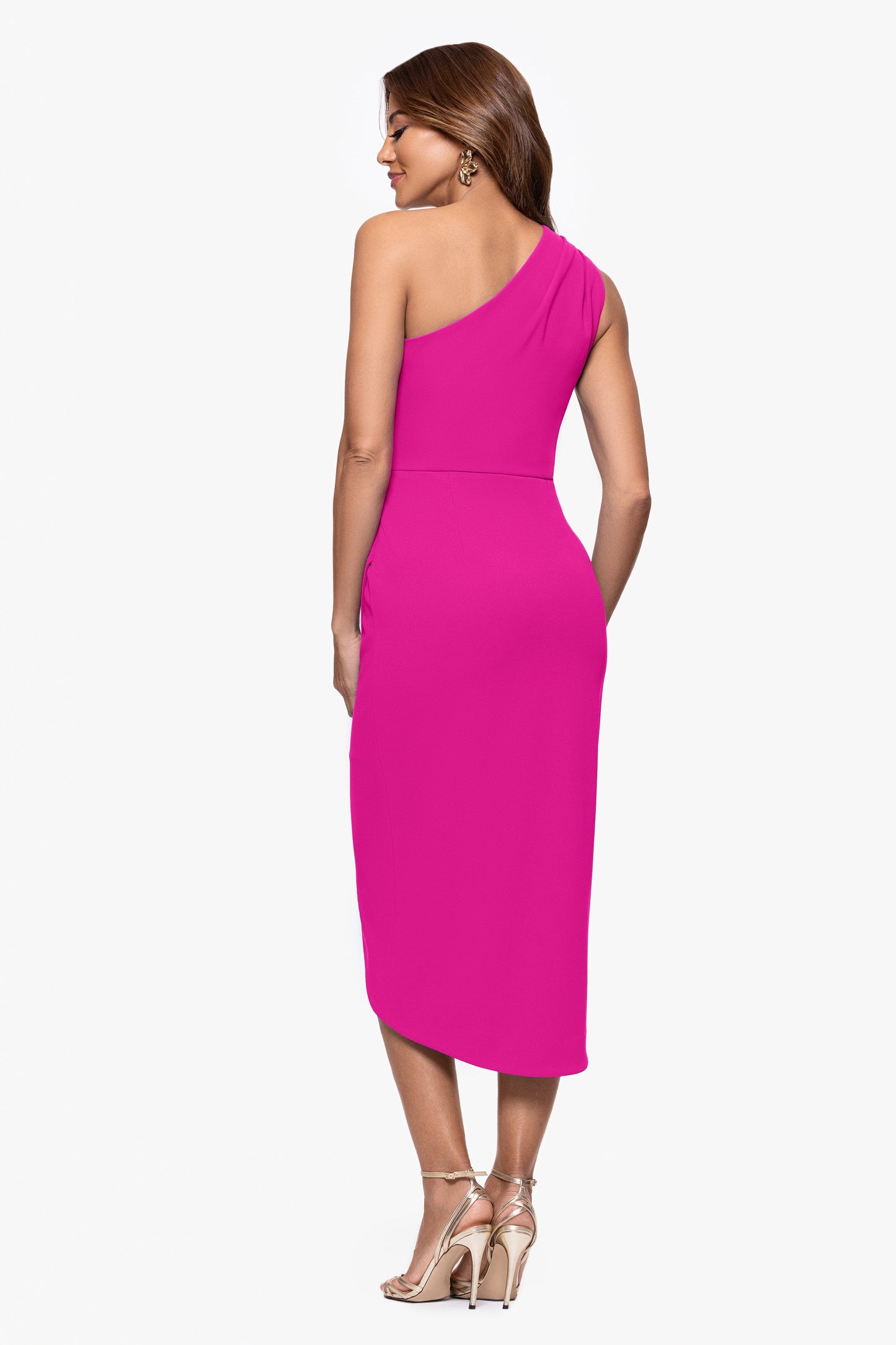 "Dakota" Scuba Crepe One Shoulder Ruched Short Dress Fuchsia XSCAPE