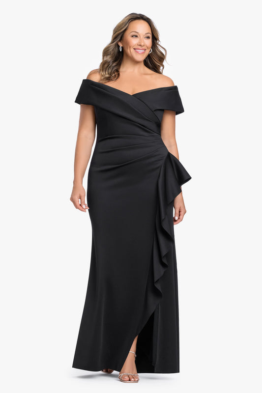 Plus "Pearl" Techno Scuba Off the Shoulder Ruffle Dress Black XSCAPE