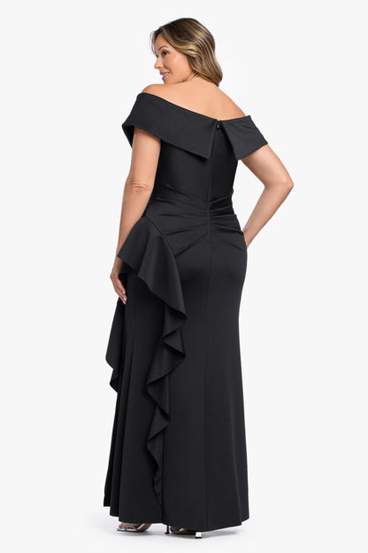 Plus "Pearl" Techno Scuba Off the Shoulder Ruffle Dress Black XSCAPE
