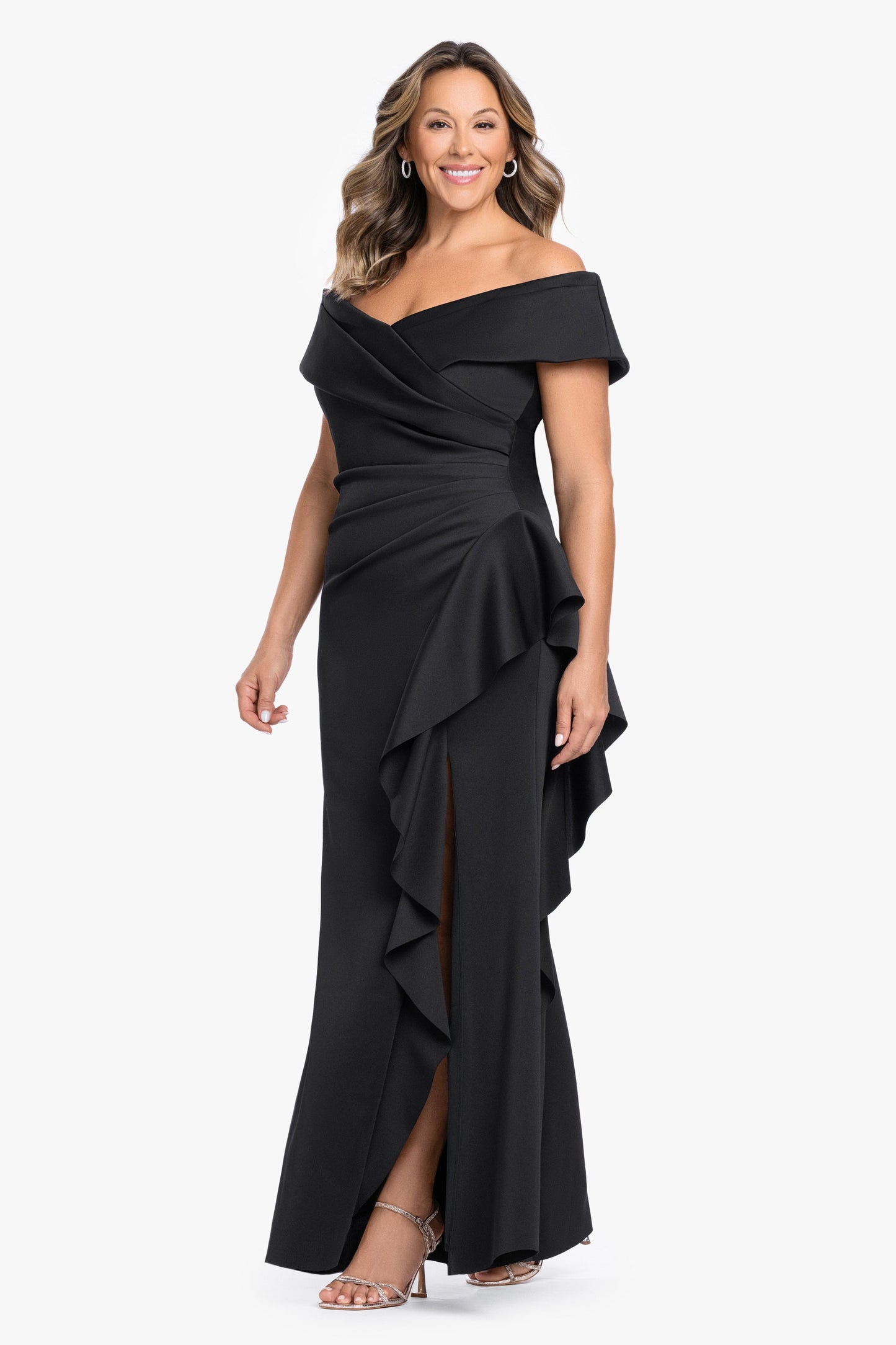 Plus "Pearl" Techno Scuba Off the Shoulder Ruffle Dress Black XSCAPE