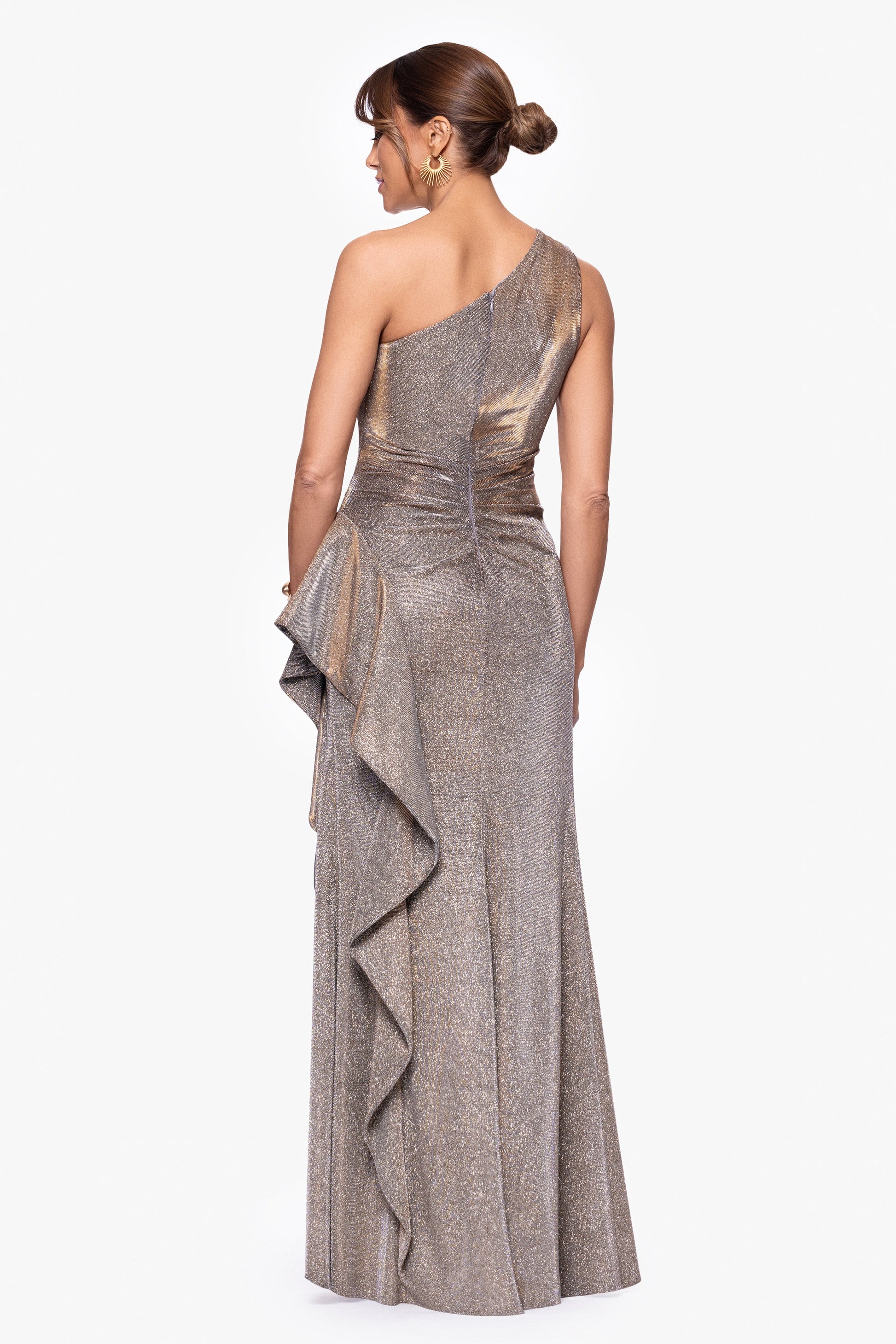 "Shannon" Galaxy Glitter One Shoulder Ruffle Dress Sand XSCAPE