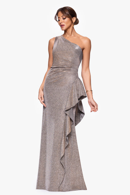 "Shannon" Galaxy Glitter One Shoulder Ruffle Dress Sand XSCAPE
