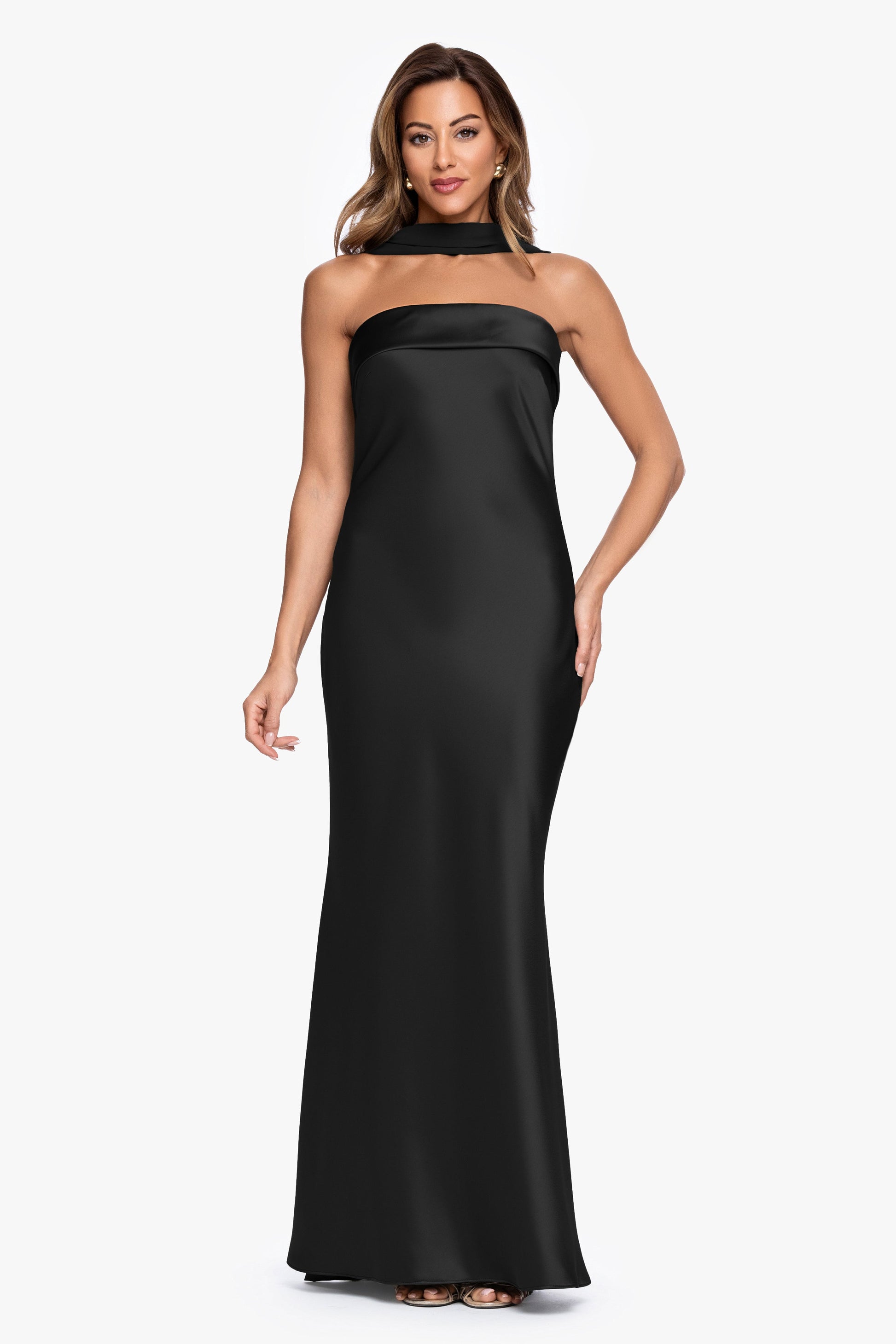 "Lila" Satin With Hammered Chiffon Scarf Dress Black XSCAPE