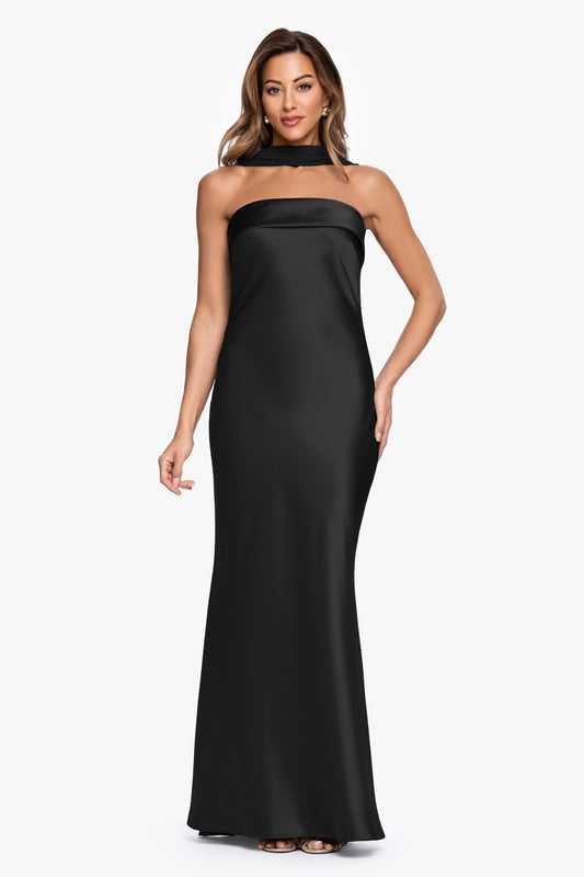 "Lila" Satin With Hammered Chiffon Scarf Dress Black XSCAPE