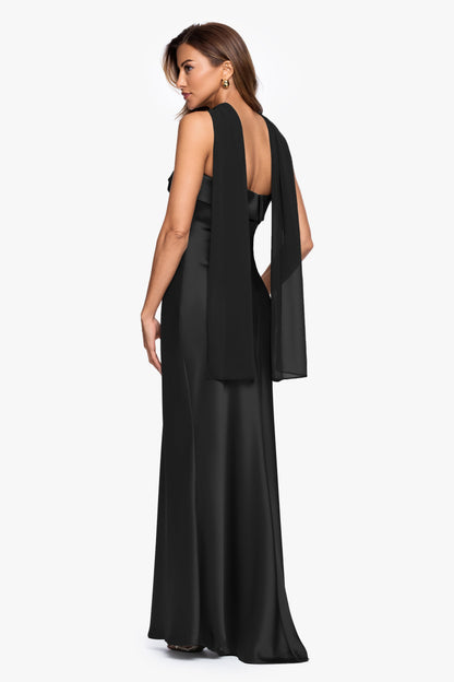 "Lila" Satin With Hammered Chiffon Scarf Dress Black XSCAPE