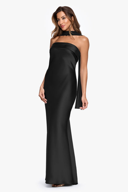 "Lila" Satin With Hammered Chiffon Scarf Dress Black XSCAPE