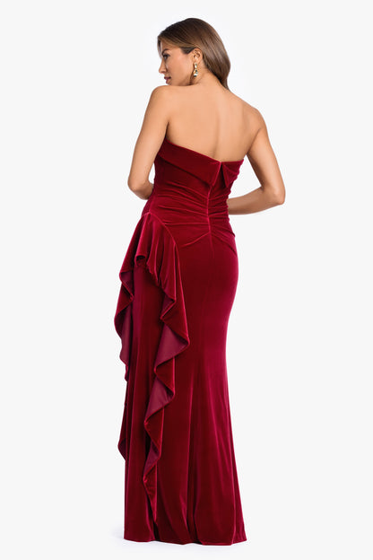 "Dillon" Stretch Velvet Strapless Dress Garnet XSCAPE