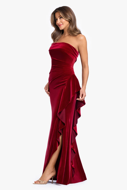 "Dillon" Stretch Velvet Strapless Dress Garnet XSCAPE