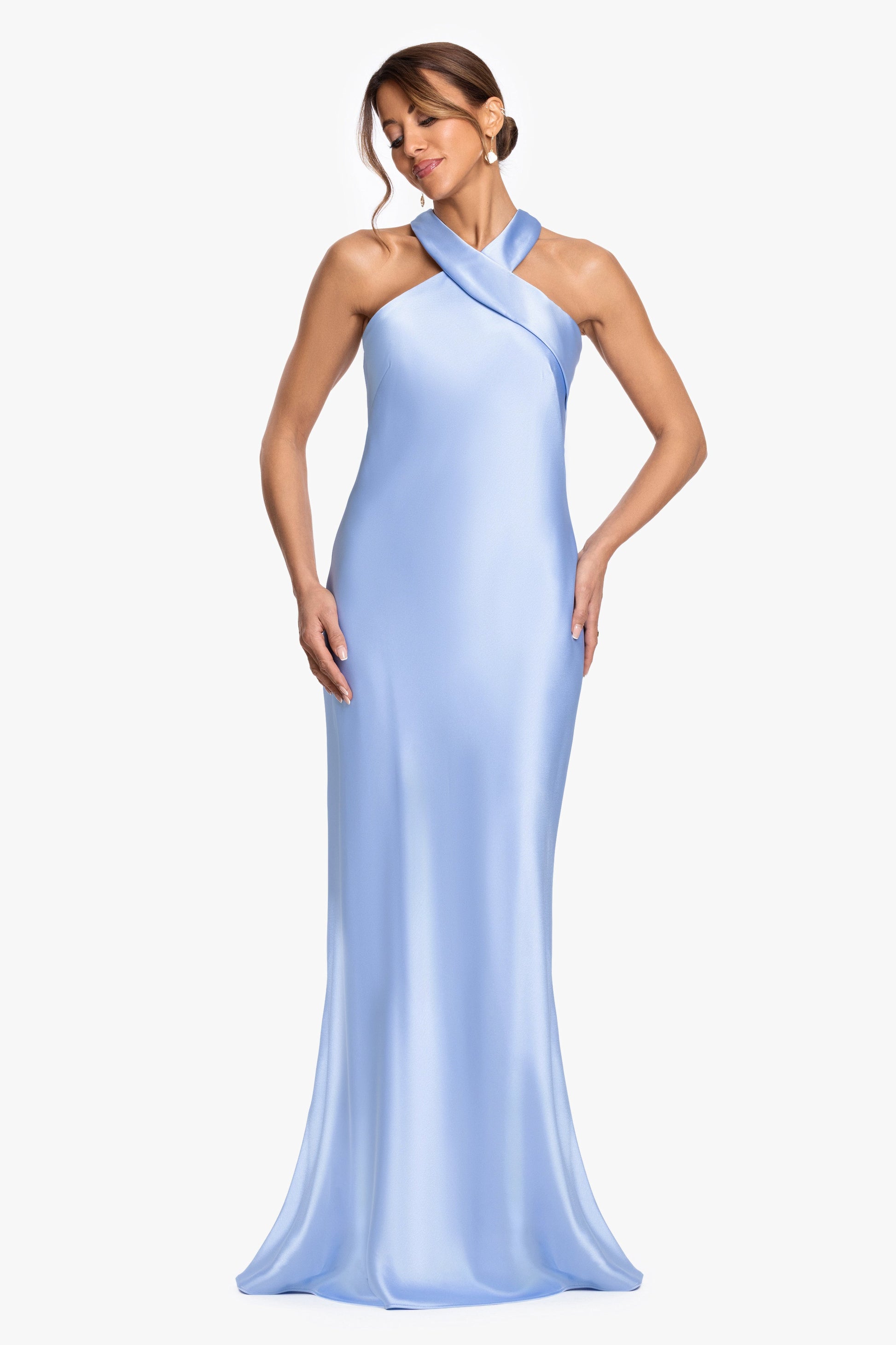 "Francesca" Satin Halter Tie Neck Dress Light Blue XSCAPE