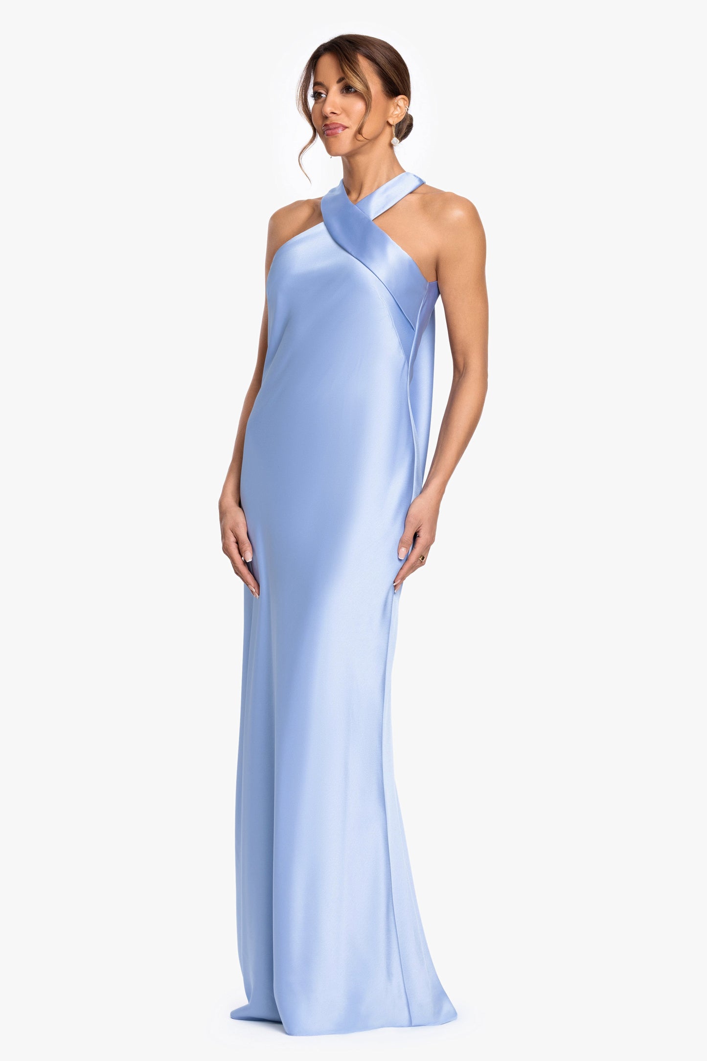 "Francesca" Satin Halter Tie Neck Dress Light Blue XSCAPE
