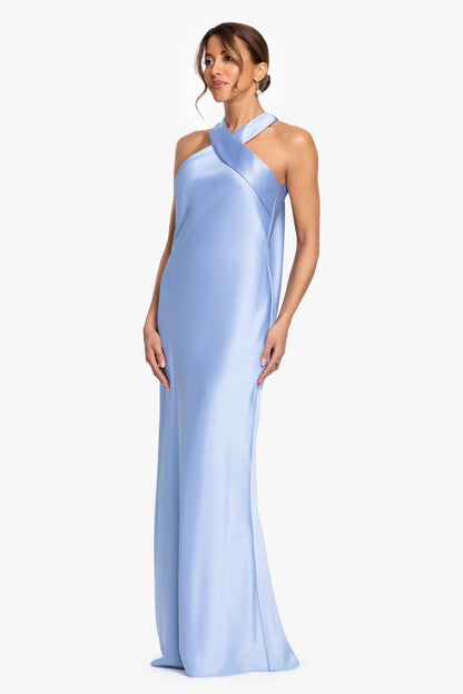 "Francesca" Satin Halter Tie Neck Dress Light Blue XSCAPE