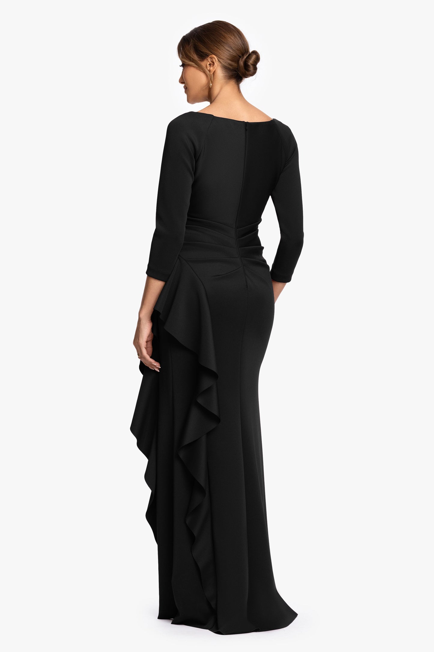 "Clarissa" Techno Scuba Long Sleeve Ruffle Dress Black XSCAPE