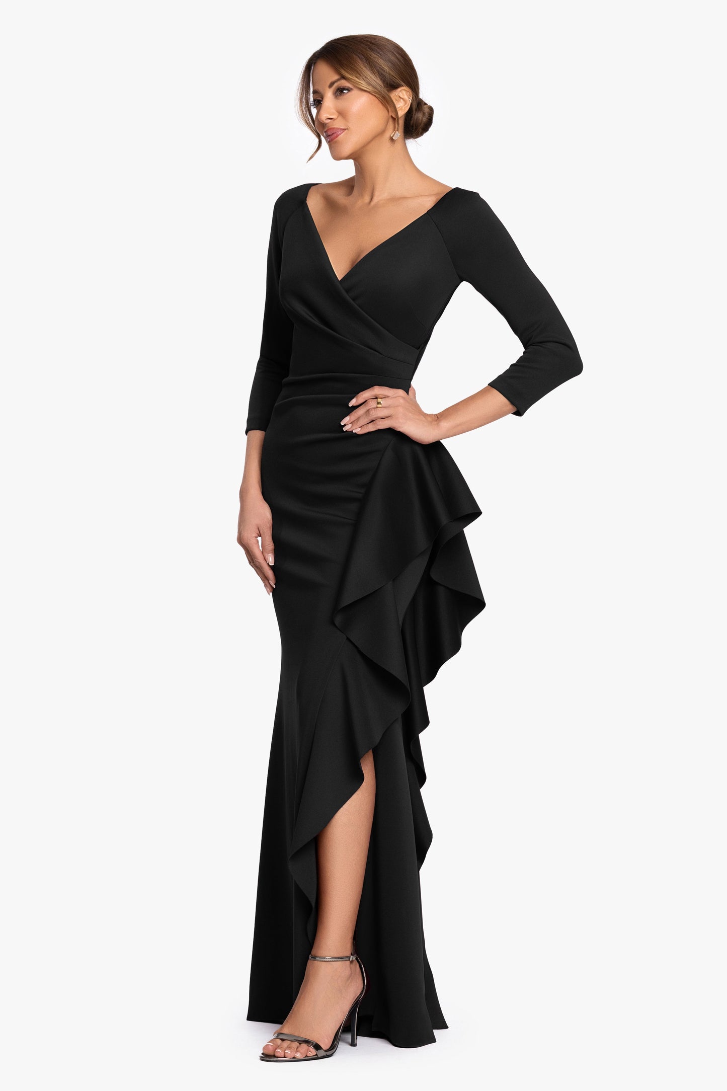 "Clarissa" Techno Scuba Long Sleeve Ruffle Dress Black XSCAPE