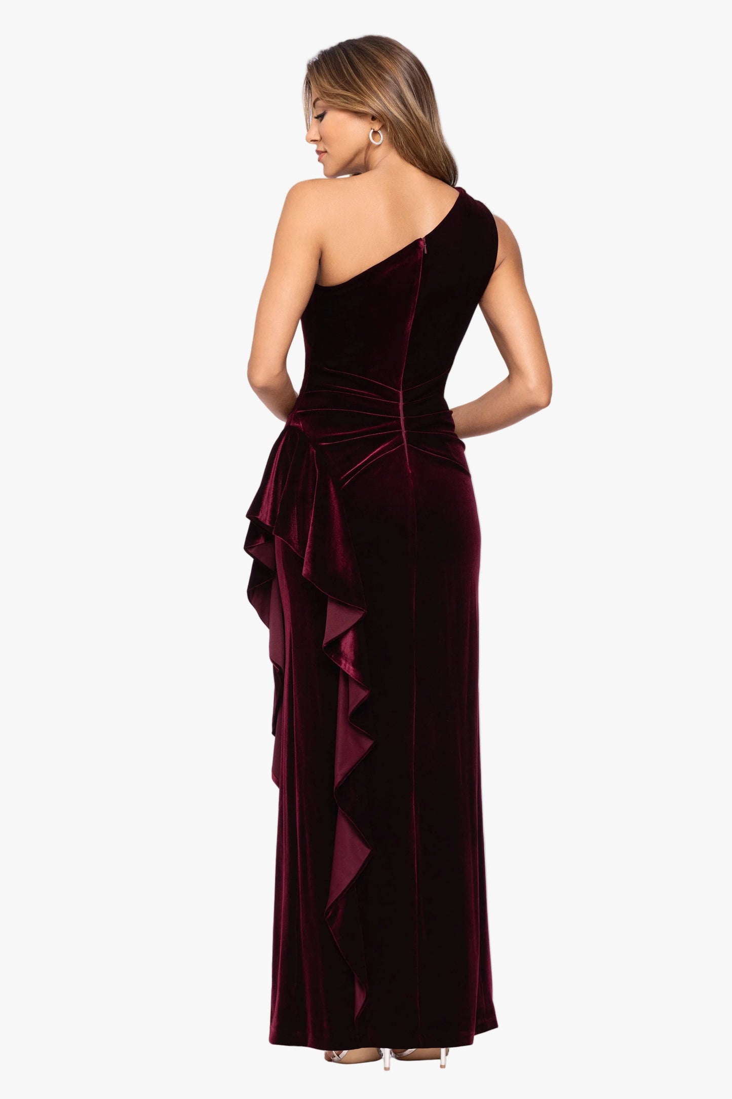 "Gemma" Stretch Velvet One Shoulder Ruffle Dress Burgundy XSCAPE