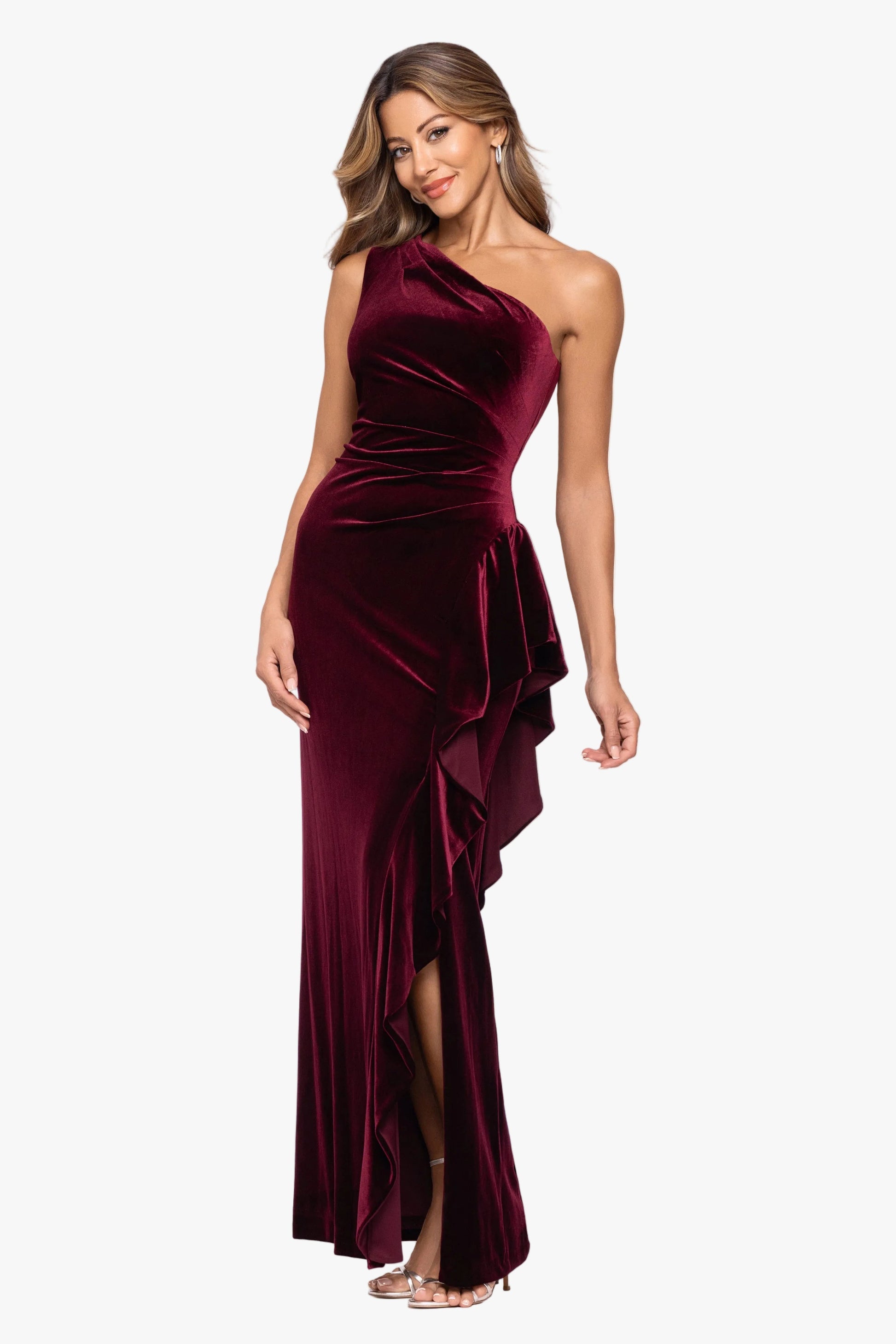 "Gemma" Stretch Velvet One Shoulder Ruffle Dress Burgundy XSCAPE