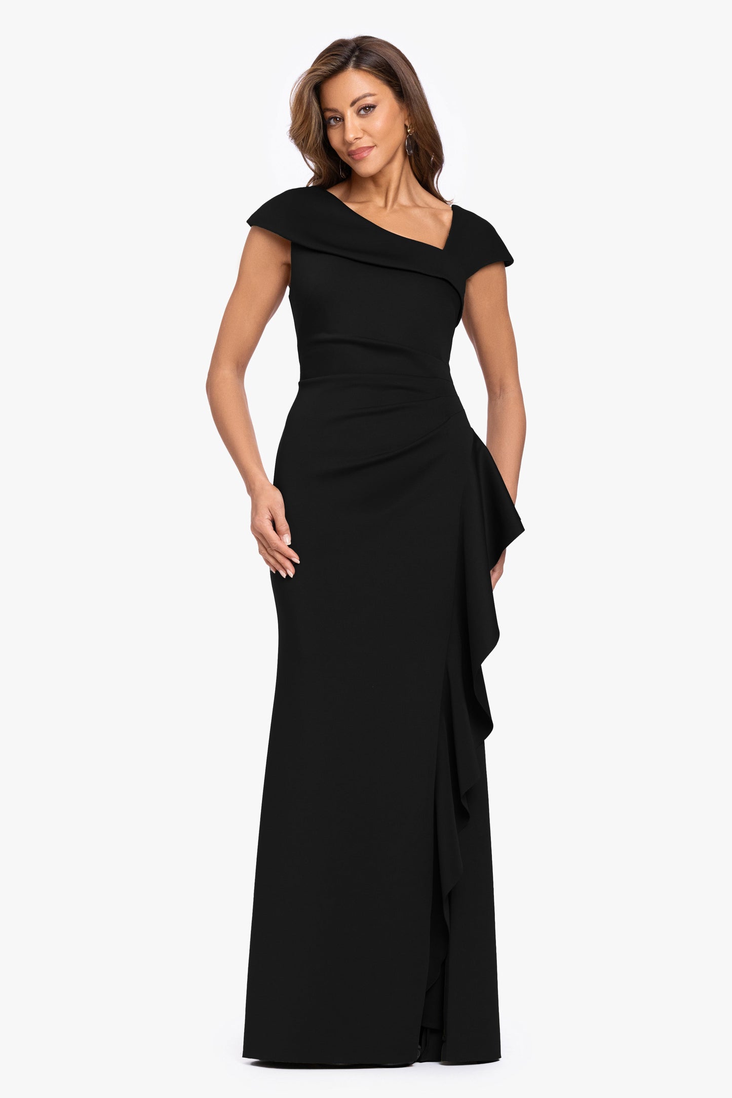 "Rory" Petite Techno Scuba Asymmetrical Side Ruffle Dress Black XSCAPE