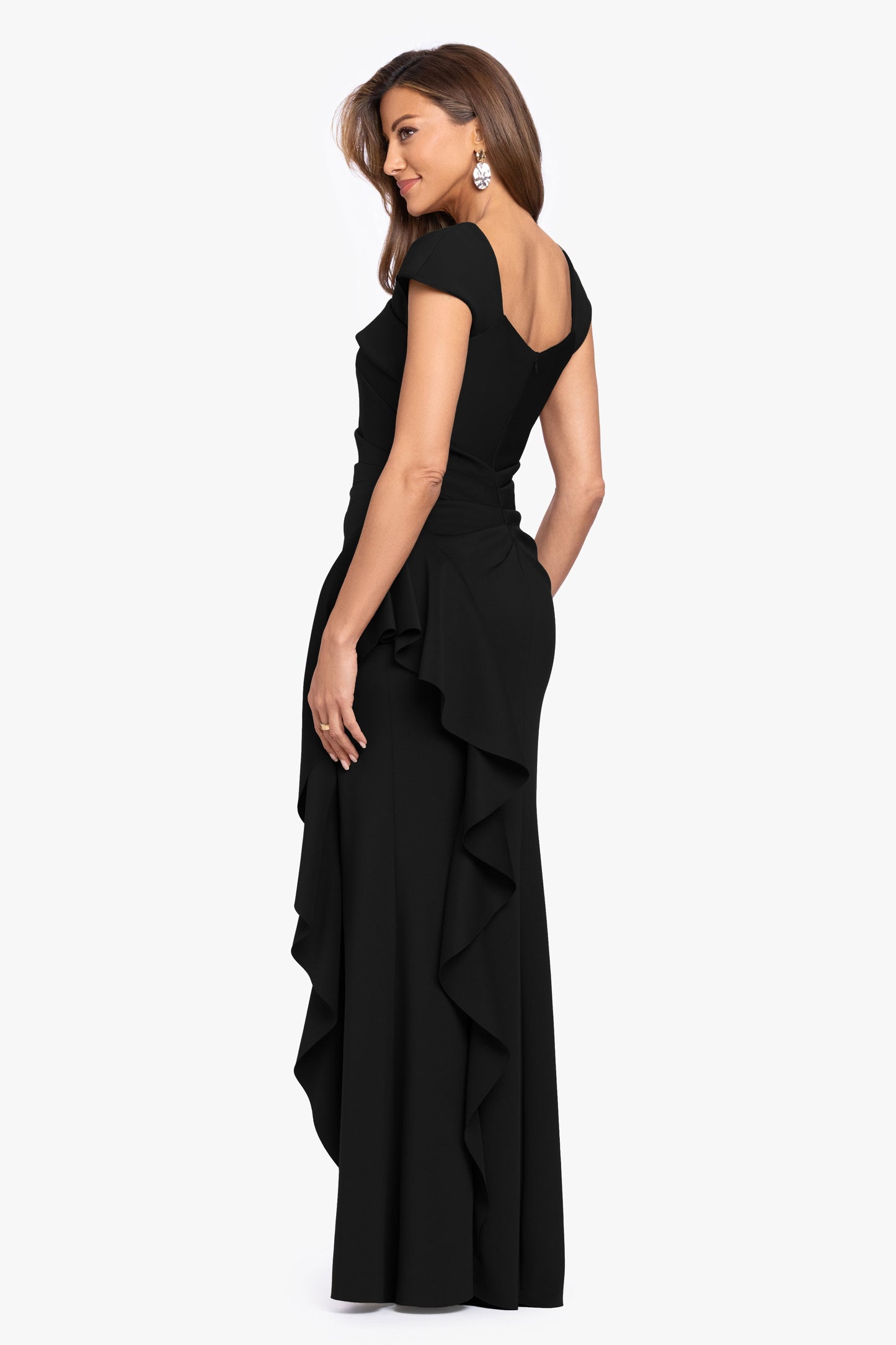 "Rory" Petite Techno Scuba Asymmetrical Side Ruffle Dress Black XSCAPE
