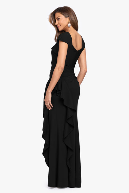 "Rory" Petite Techno Scuba Asymmetrical Side Ruffle Dress Black XSCAPE