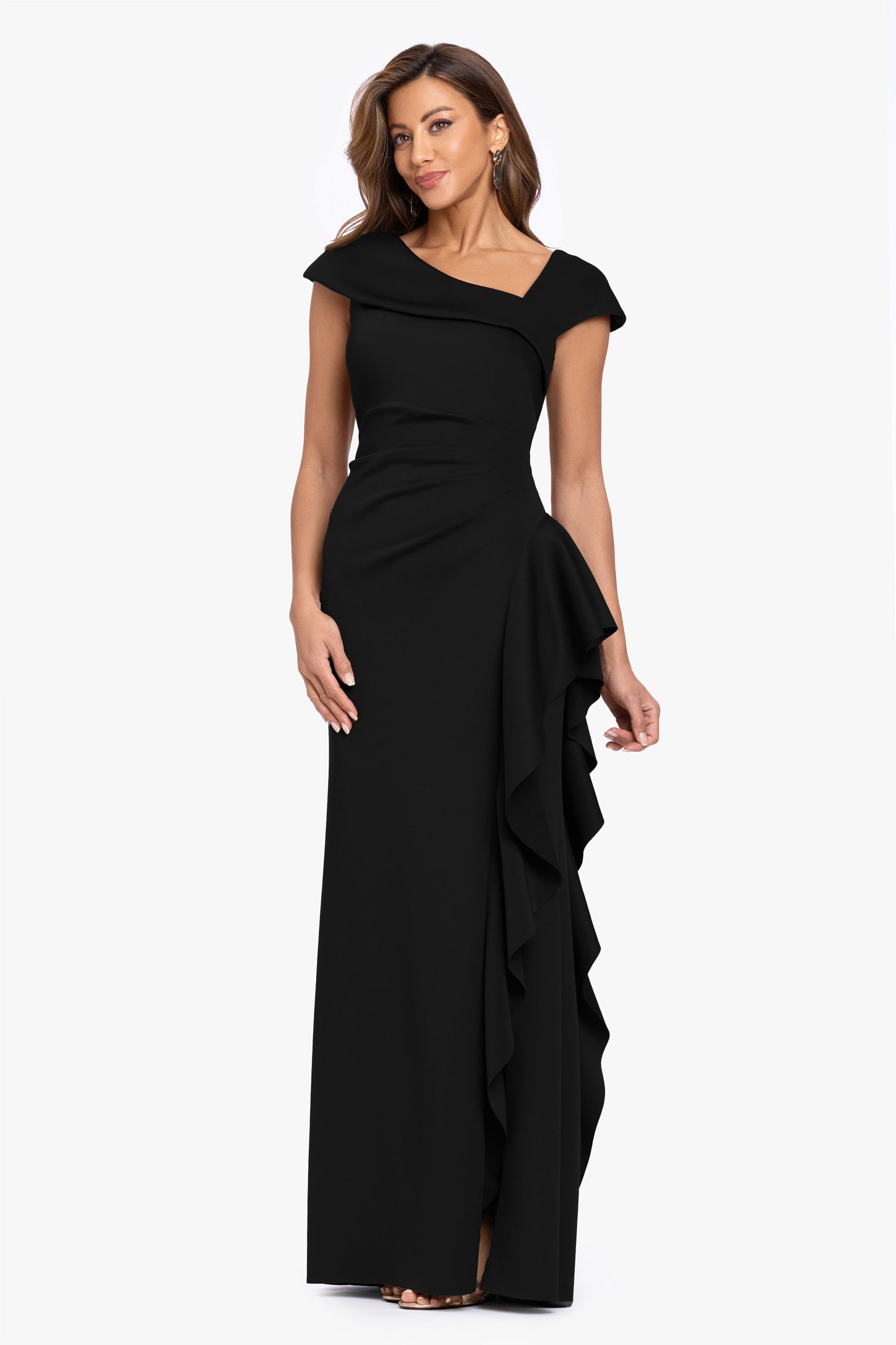 "Rory" Petite Techno Scuba Asymmetrical Side Ruffle Dress Black XSCAPE