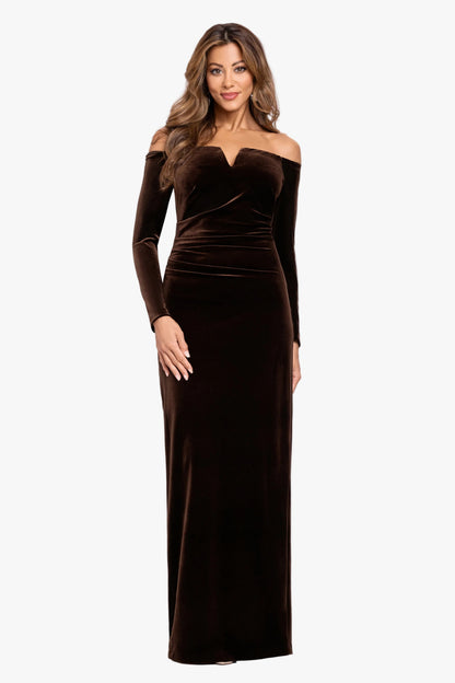 Petite "Christy" Off the Shoulder Velvet Dress Brown XSCAPE