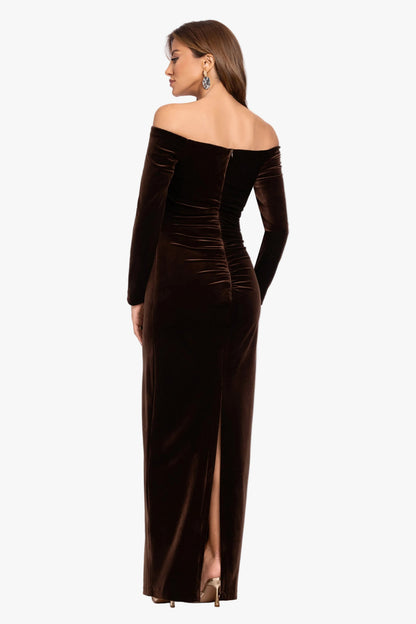Petite "Christy" Off the Shoulder Velvet Dress Brown XSCAPE